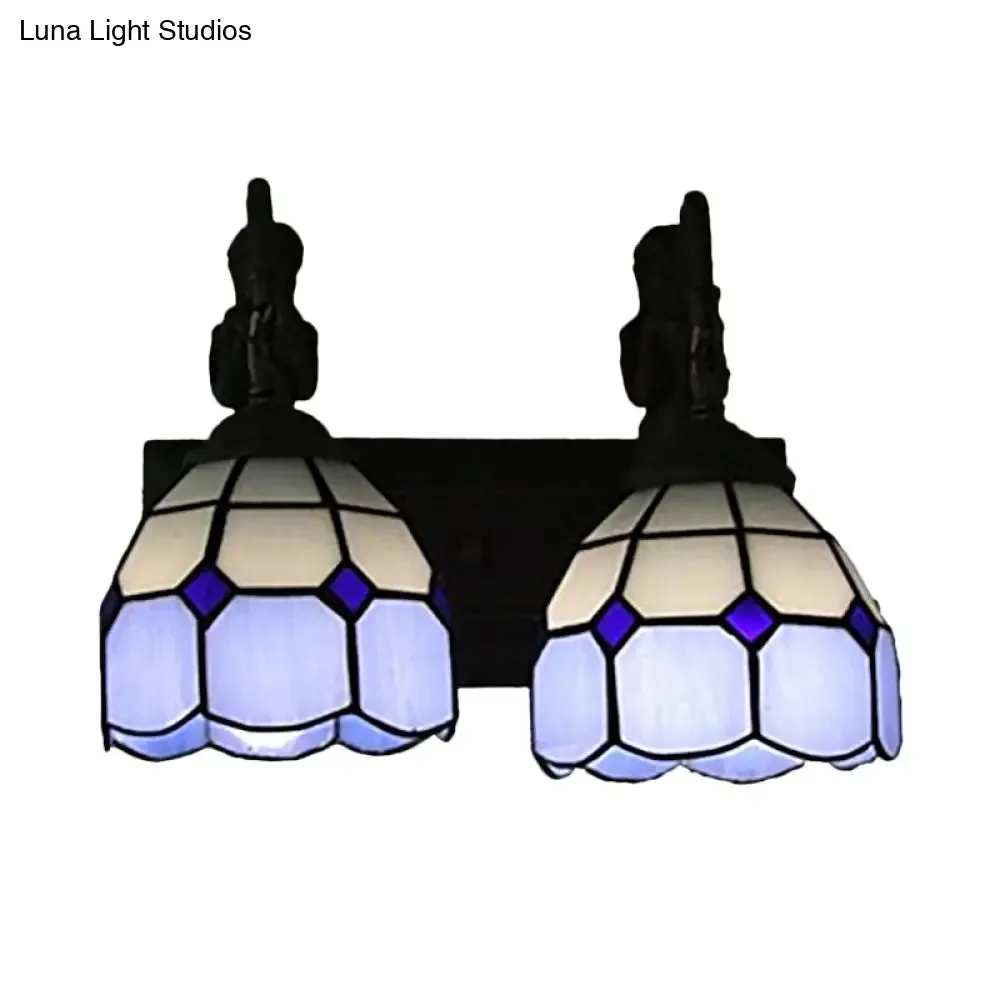 Blue Baroque Stained Glass Wall Sconce with Lattice Dome and 2 Lights