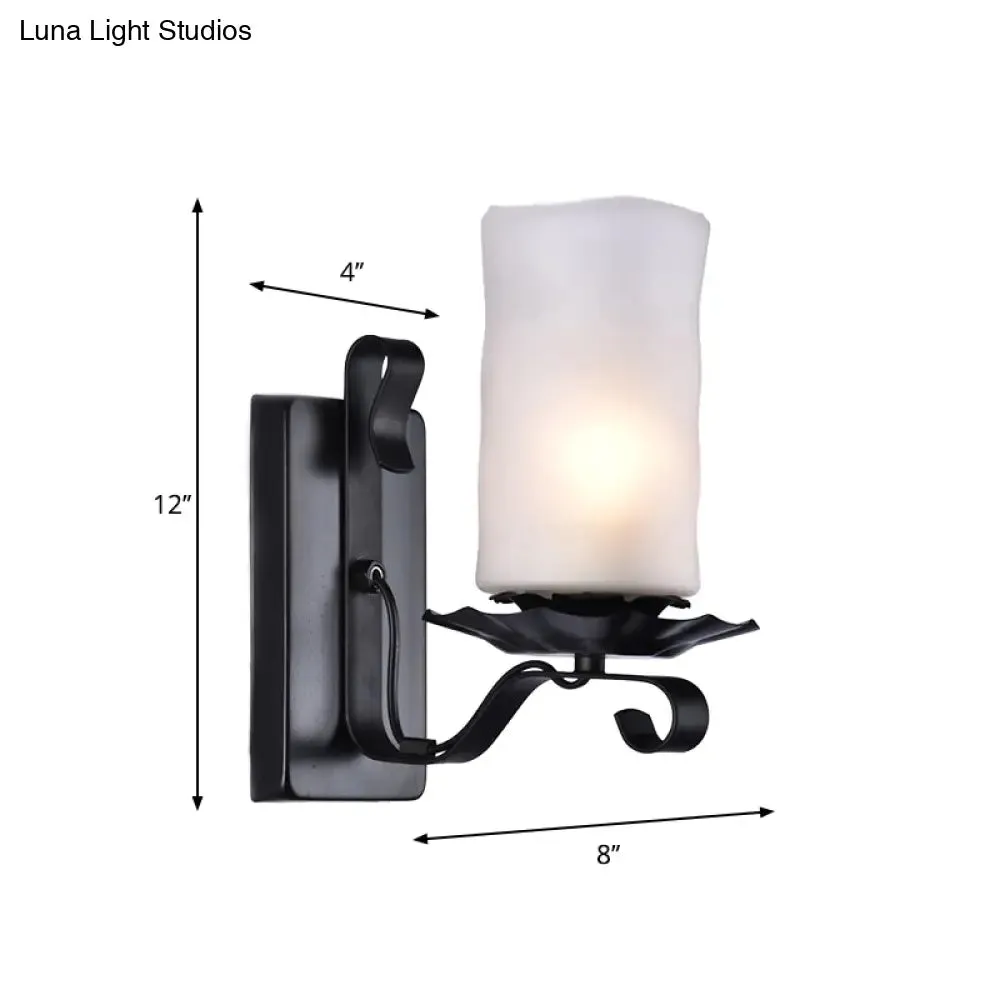 Candle/Kerosene Wall Lamp with Scroll Arm in Black - Loft Style, White/Brown Glass, 1-bulb