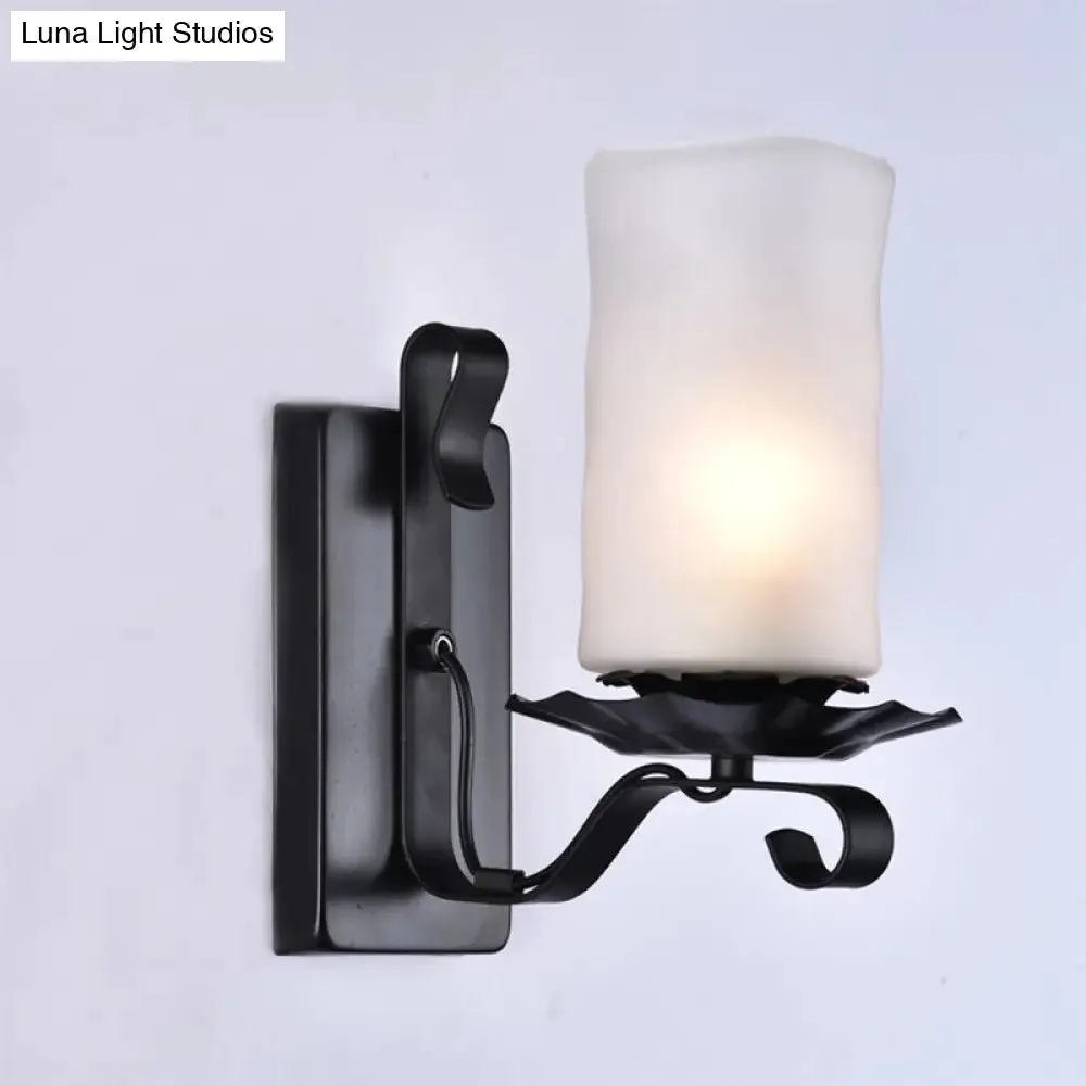Candle/Kerosene Wall Lamp with Scroll Arm in Black - Loft Style, White/Brown Glass, 1-bulb