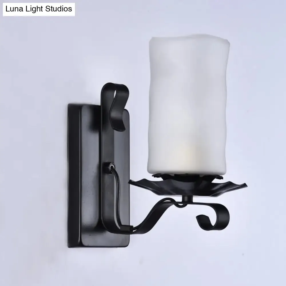 Candle/Kerosene Wall Lamp with Scroll Arm in Black - Loft Style, White/Brown Glass, 1-bulb