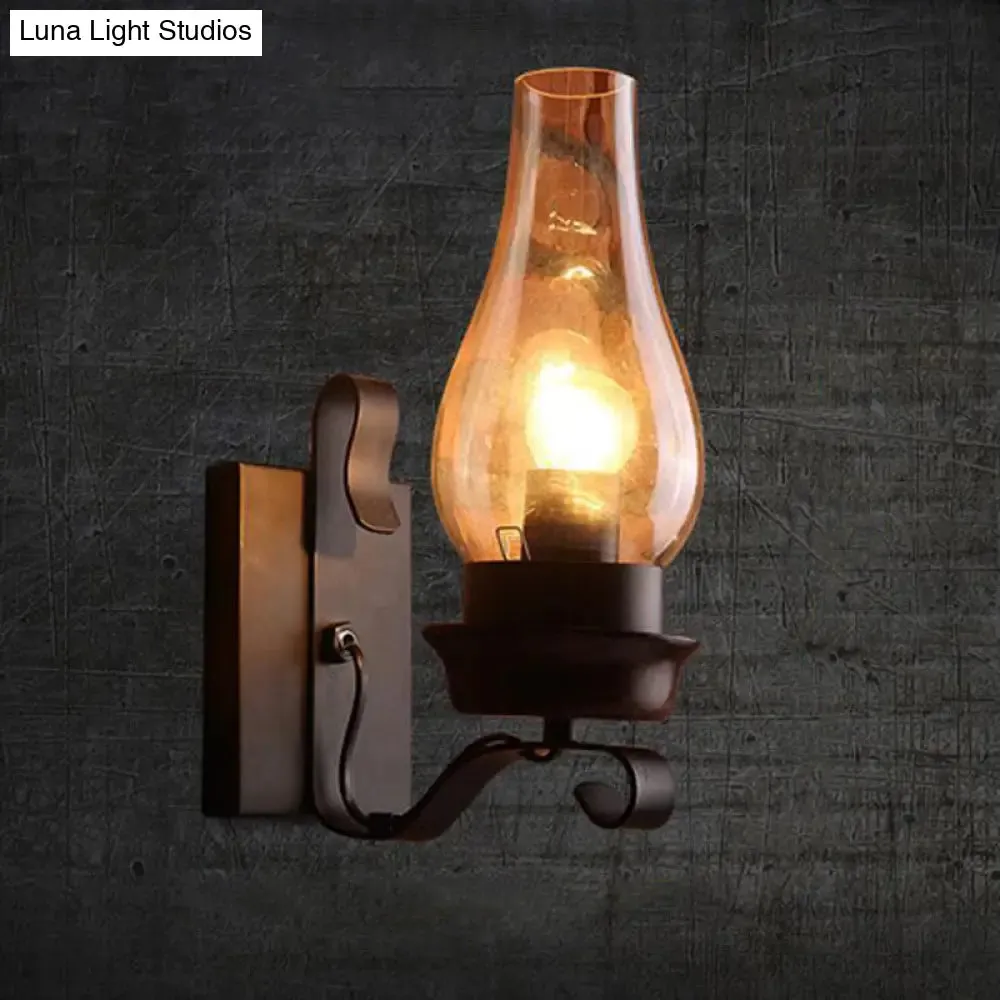 Candle/Kerosene Wall Lamp with Scroll Arm in Black - Loft Style, White/Brown Glass, 1-bulb