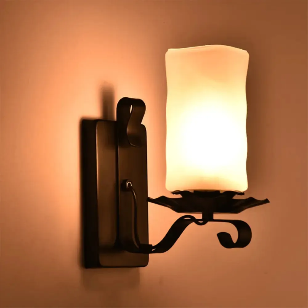 Candle/Kerosene Wall Lamp with Scroll Arm in Black - Loft Style, White/Brown Glass, 1-bulb