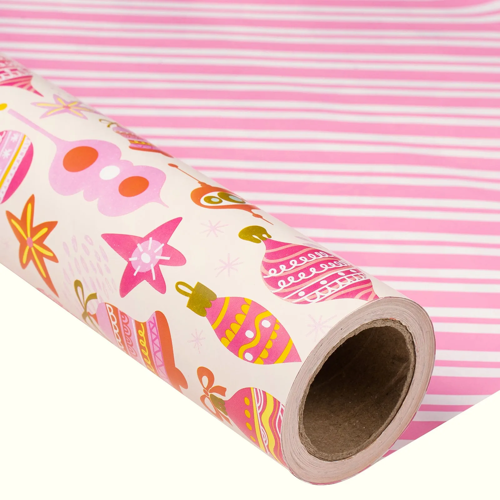 Christmas Ornament Christmas Wrapping Paper Roll with Pink Diagonal Stripes on Reverse