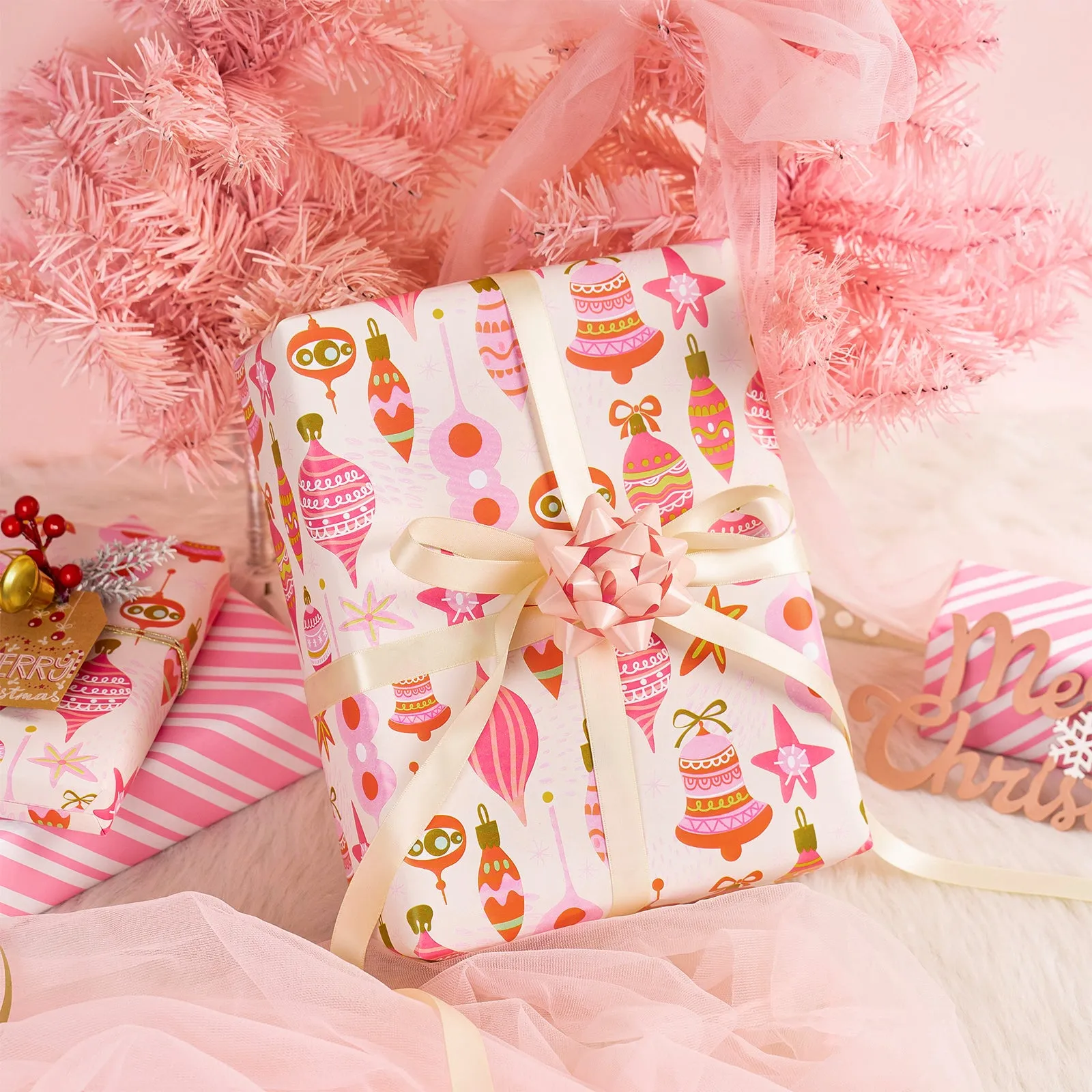 Christmas Ornament Christmas Wrapping Paper Roll with Pink Diagonal Stripes on Reverse