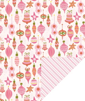 Christmas Ornament Christmas Wrapping Paper Roll with Pink Diagonal Stripes on Reverse
