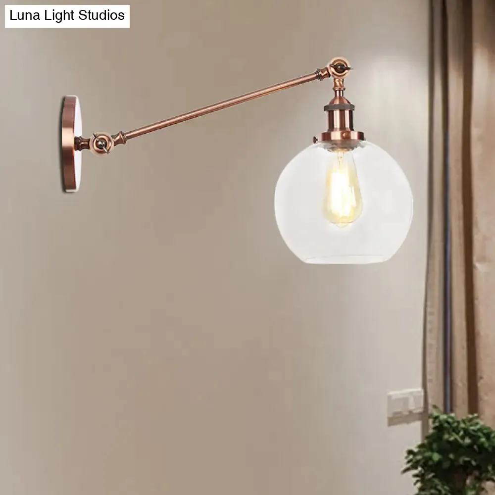 Farmhouse Wall Lighting: Clear Glass Globe 1-Light Fixture in Black/Brass/Bronze, 8"/12" L