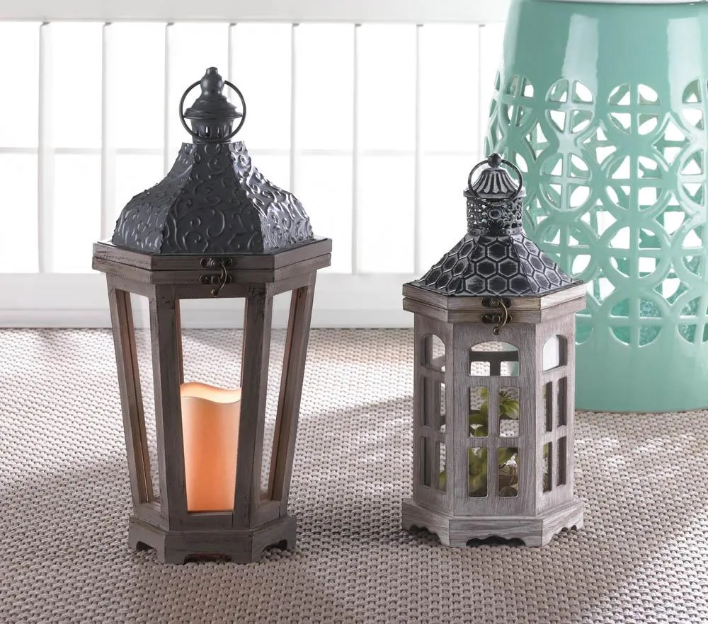 Hex Top Wood Candle Lantern