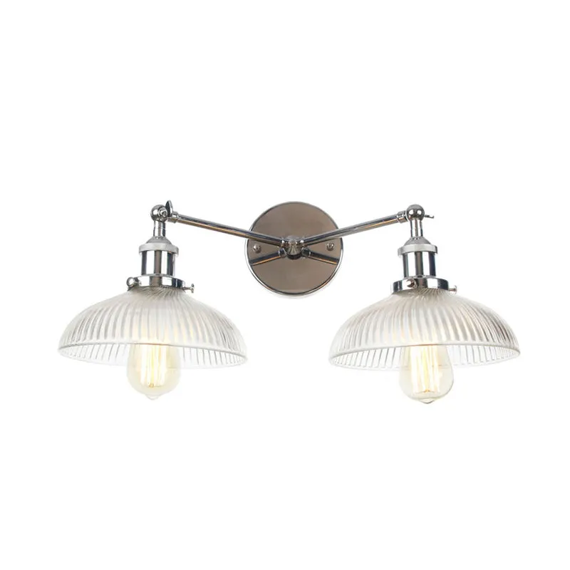 Industrial Domed Ribbed Glass Wall Light with Bronze/Brass/Copper Finish - 2-Light Sconce Lamp for Living Room