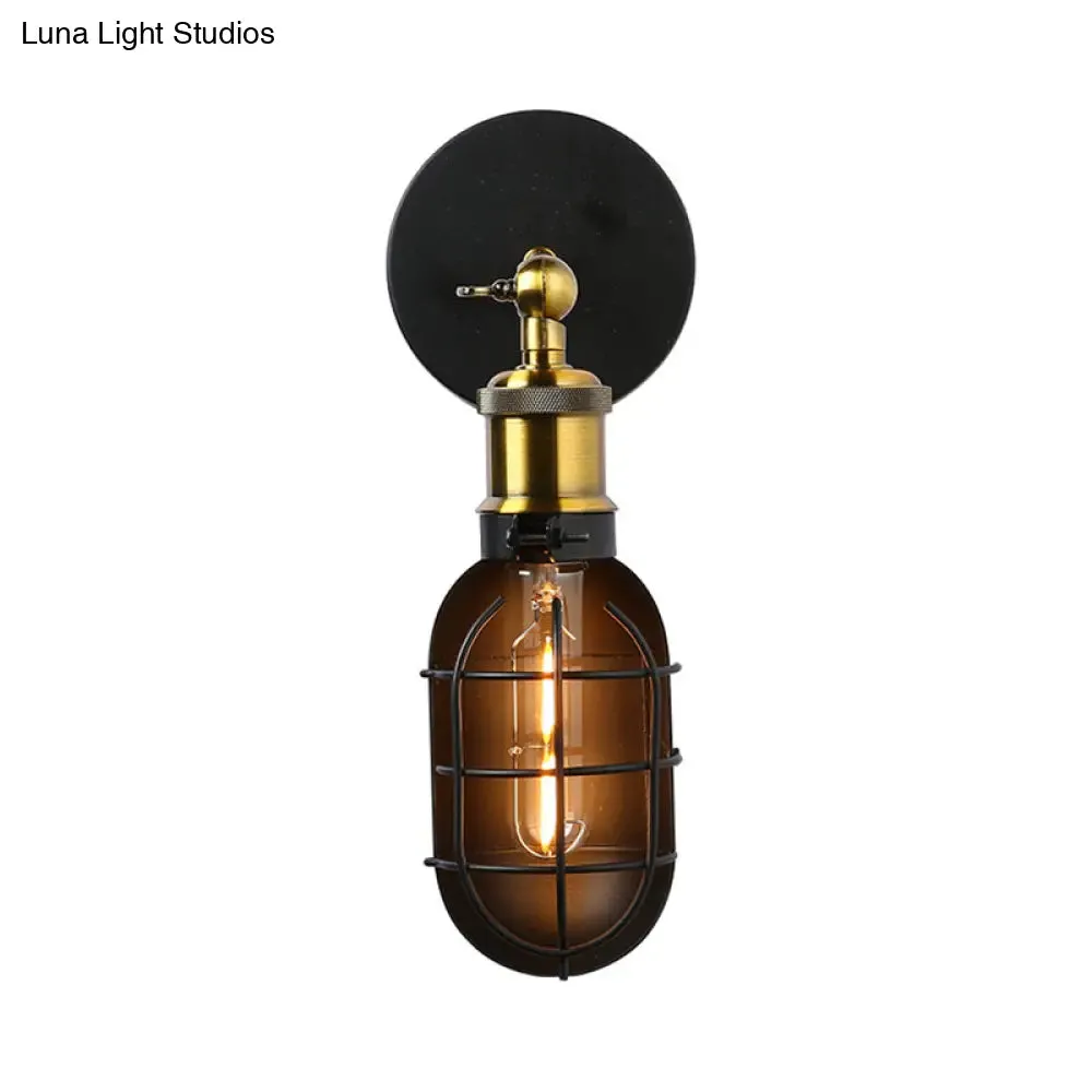 Industrial Metal Black and Brass Wall Lamp with Capsule Cage Design - 1 Head Sconce for Restaurant and Home
