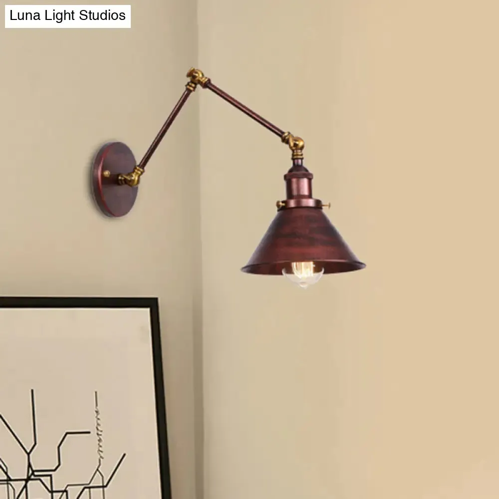 Industrial Swing Arm Wall Sconce - Conic Study Room Lamp (1 Bulb) - Black/Brass Metallic Finish
