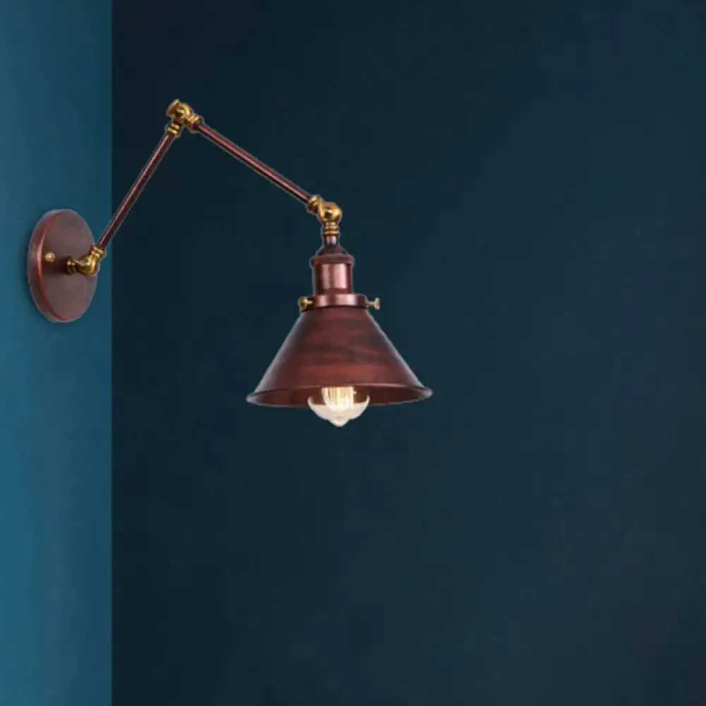 Industrial Swing Arm Wall Sconce - Conic Study Room Lamp (1 Bulb) - Black/Brass Metallic Finish