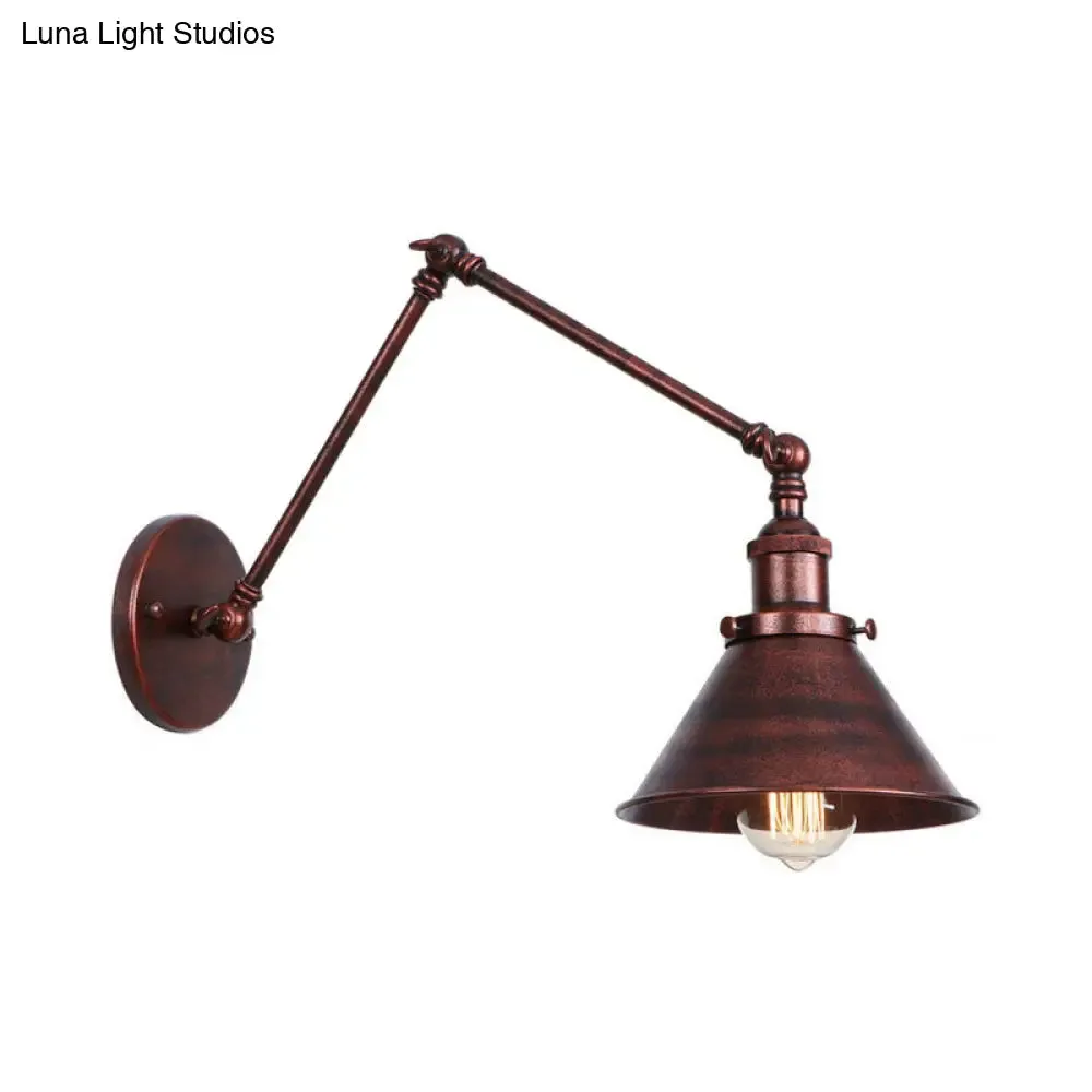 Industrial Swing Arm Wall Sconce - Conic Study Room Lamp (1 Bulb) - Black/Brass Metallic Finish