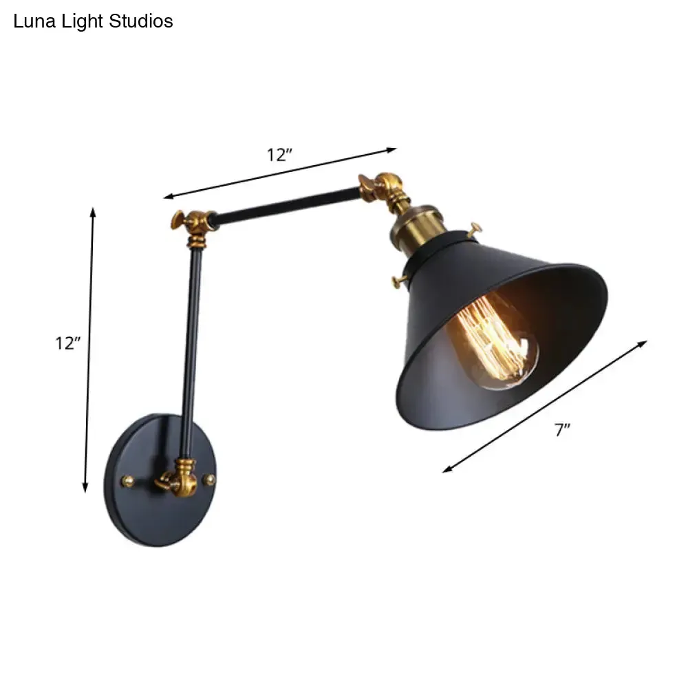 Industrial Swing Arm Wall Sconce - Conic Study Room Lamp (1 Bulb) - Black/Brass Metallic Finish