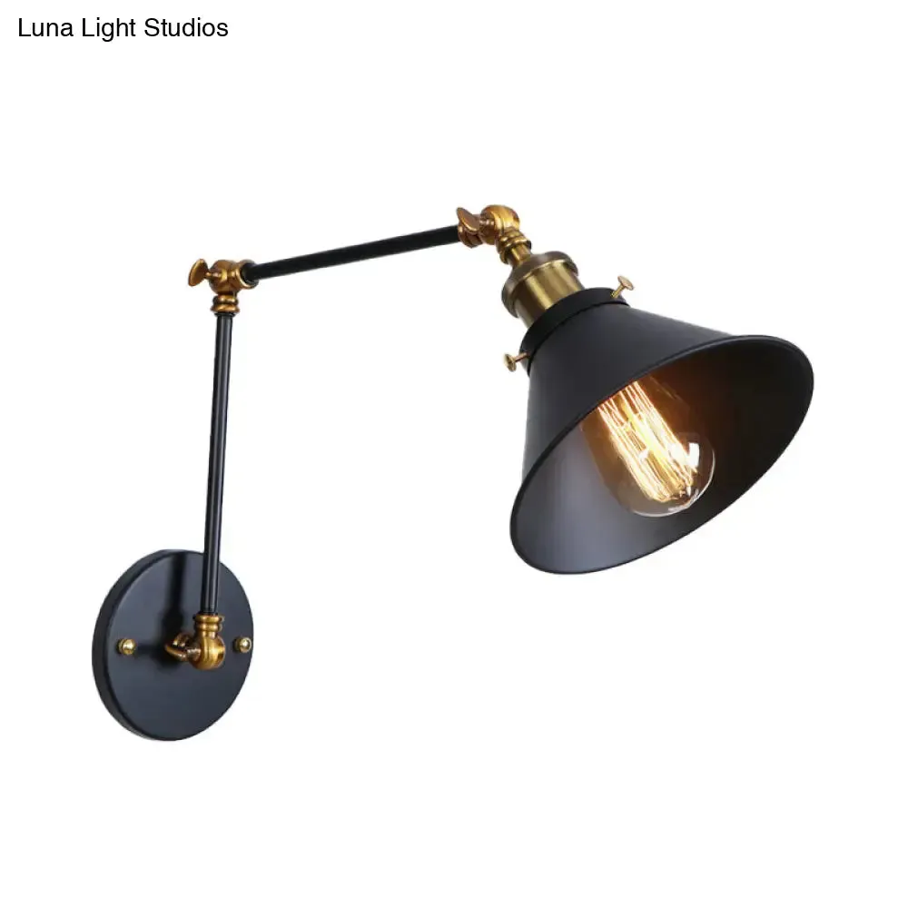 Industrial Swing Arm Wall Sconce - Conic Study Room Lamp (1 Bulb) - Black/Brass Metallic Finish