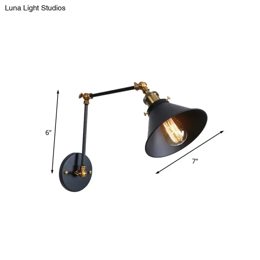 Industrial Swing Arm Wall Sconce - Conic Study Room Lamp (1 Bulb) - Black/Brass Metallic Finish