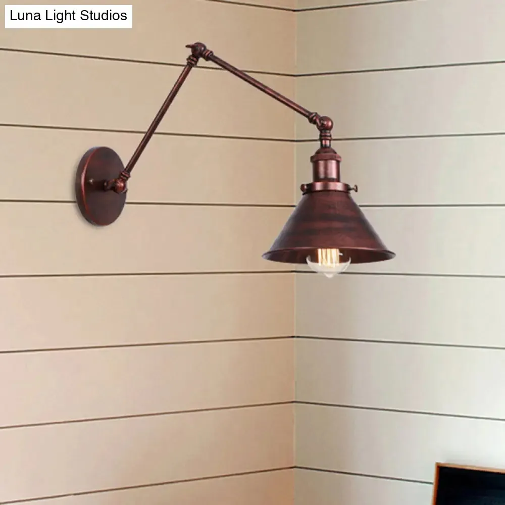 Industrial Swing Arm Wall Sconce - Conic Study Room Lamp (1 Bulb) - Black/Brass Metallic Finish