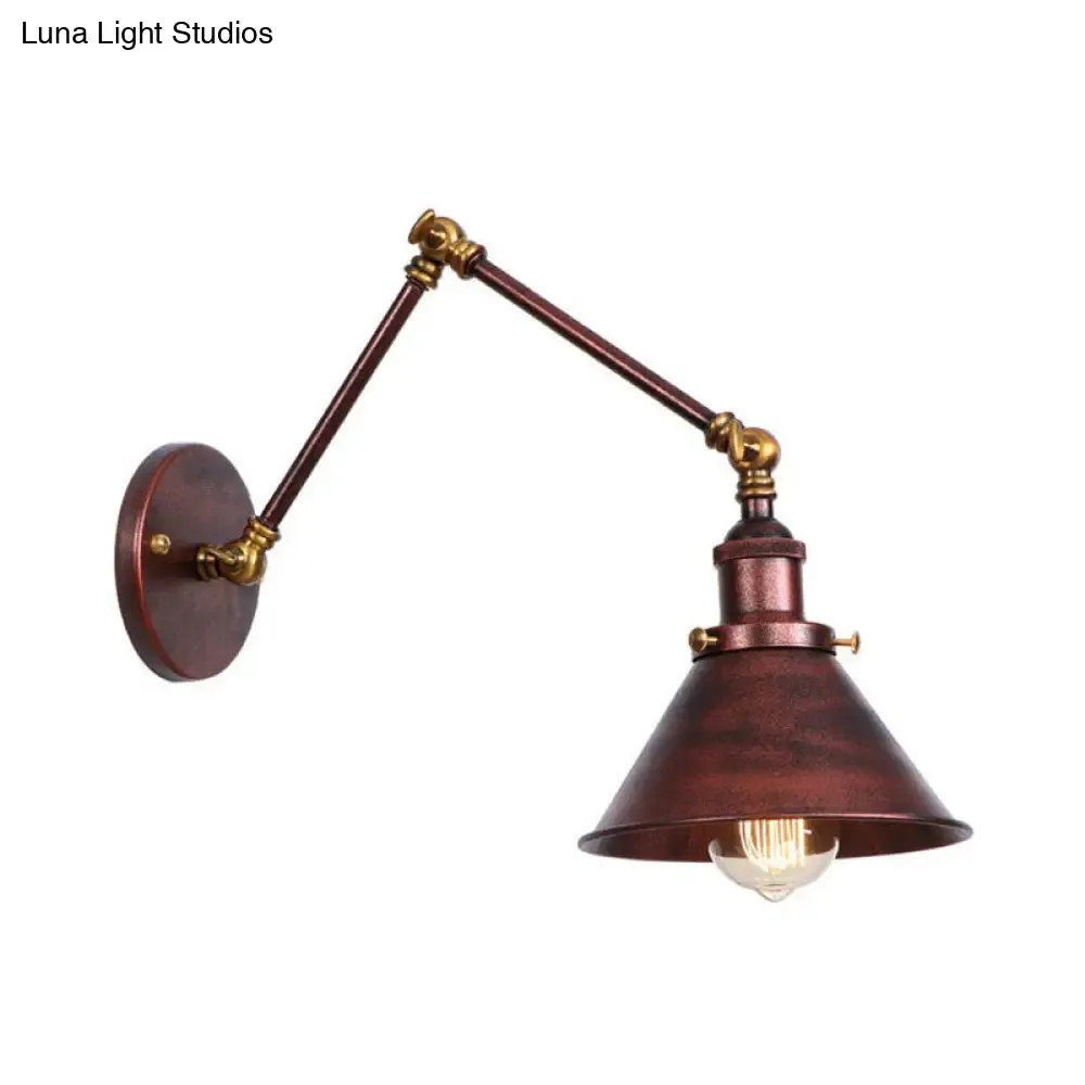 Industrial Swing Arm Wall Sconce - Conic Study Room Lamp (1 Bulb) - Black/Brass Metallic Finish