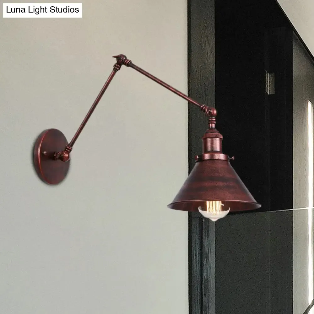 Industrial Swing Arm Wall Sconce - Conic Study Room Lamp (1 Bulb) - Black/Brass Metallic Finish