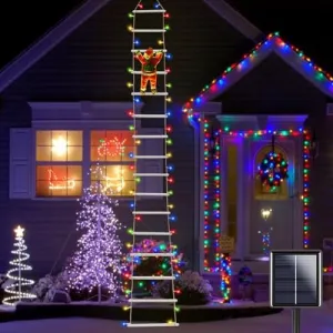 Larger Outdoor Christmas Decorations Solar Powered Ladder Lights with Santa Claus, 10FT Ladder Solar Christmas Lights Outdoor Waterproof for House Tree Wall Yard, Auto On/Off & 8 Modes, Multicolor