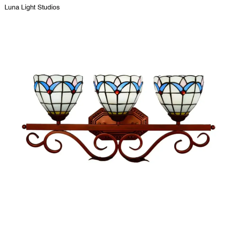 Mission Stained Glass Wall Light Fixture - Bell/Pyramid Shape - 3-Head Blue/Green Vanity Lighting