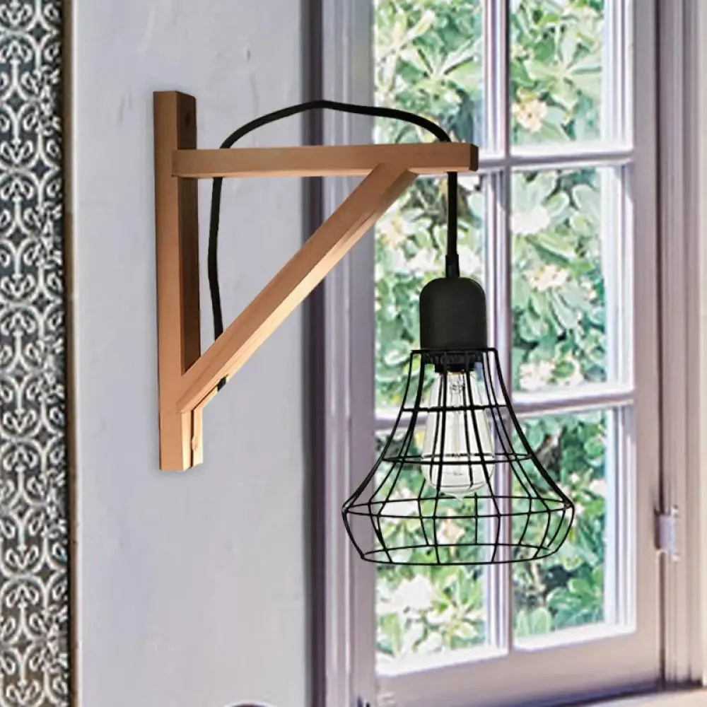 Modern Black Wall Lamp: Loft Style Iron Pear Shaped/Diamond Cage Design with Wood Brace