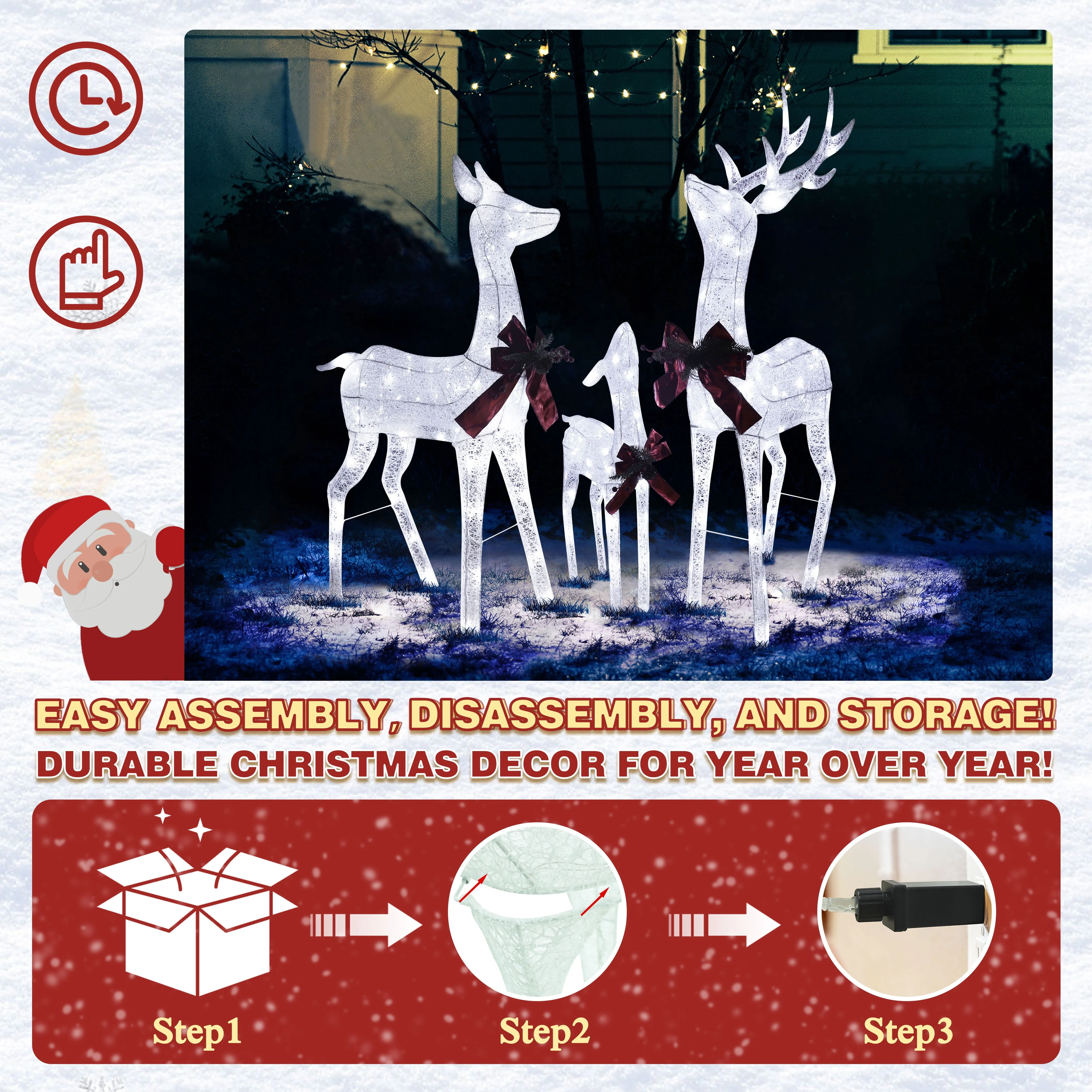 relaxed 6ft Christmas Pre-Lit Lamp Post Holiday Decoration w/120 LED Lights, Energy-Saving White Reindeer Family
