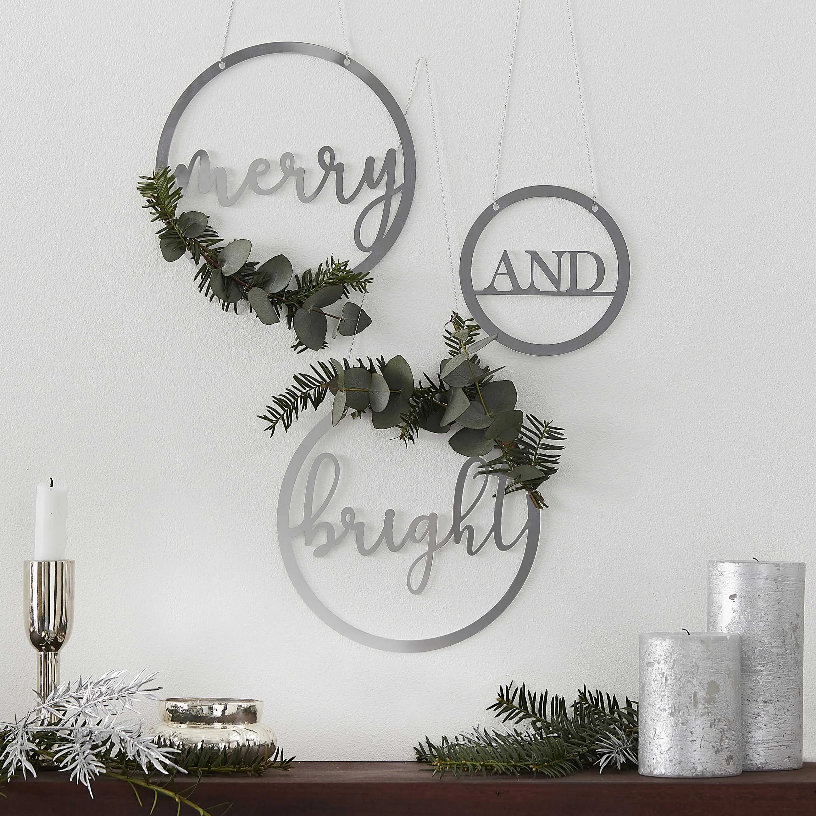 Silver Acrylic Merry And Bright Christmas Hanging Decorations